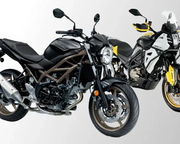 Due moto bicilindriche affiancate: una Suzuki SV nera e una moto da avventura gialla e bianca.