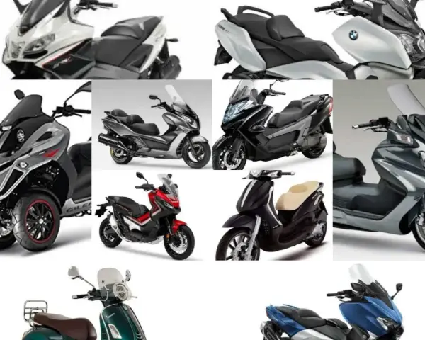Varietà di scooter per viaggiare, dai modelli a tre ruote ai classici scooter, in diverse colorazioni e design.