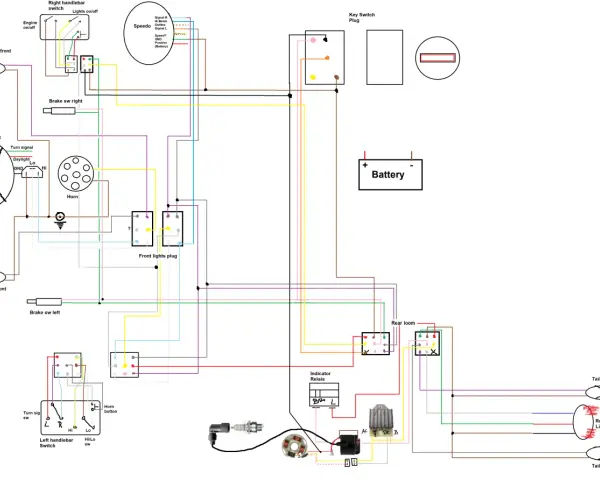 Schema elettrico Aerox 50: luci, frecce, clacson, freni, batteria e accensione.