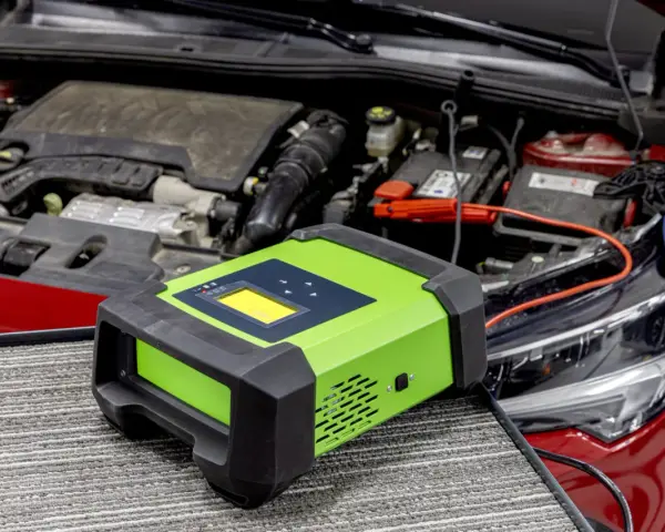Carrozzeria auto con cofano aperto, batteria e caricabatterie verde. Se la tua batteria a terra cosa fare, questo dispositivo potrebbe aiutarti.