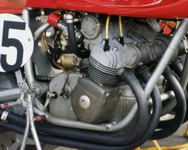 Dettaglio del motore di una moto da corsa, con il numero 15 su un cerchio bianco. Il motore è un complesso di tubi e metallo, pronto a ruggire.