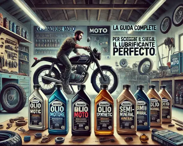 Officina con moto, attrezzi e una fila di oli motore, tra cui olio sintetico, per scegliere il lubrificante perfetto.