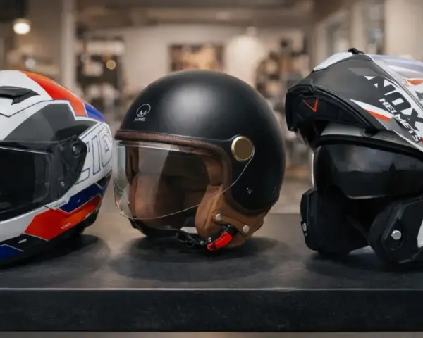 Tre caschi moto: uno sportivo bianco/rosso/blu, uno jet nero vintage e uno modulare bianco/nero. Tutti con omologazione casco E3.