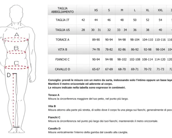 Tabella misure uomo: torace, vita, fianchi e cavallo per scegliere la taglia giusta. Le dimensioni moto sono indicate in centimetri.