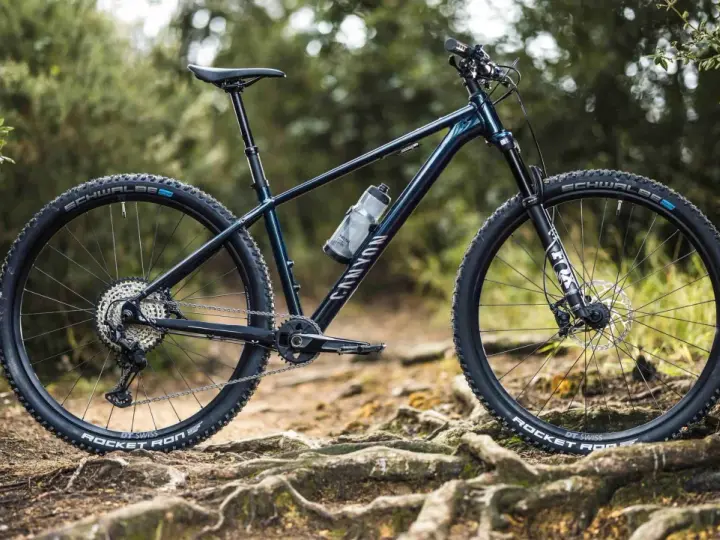 Muscle bike Canyon blu scuro su sentiero sterrato con radici affioranti.