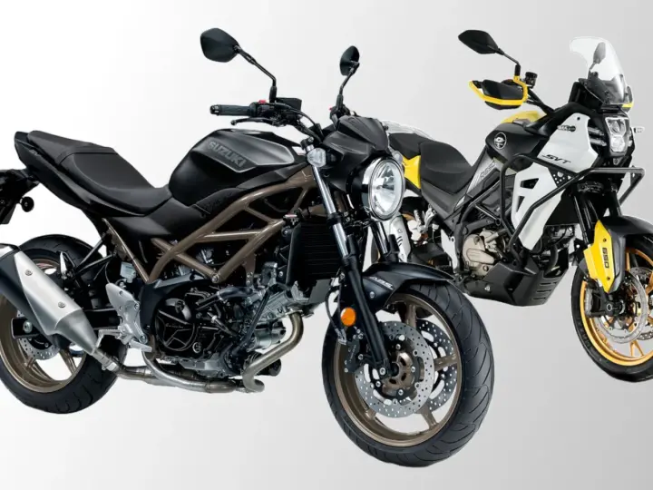 Due moto bicilindriche affiancate: una Suzuki SV nera e una moto da avventura gialla e bianca.