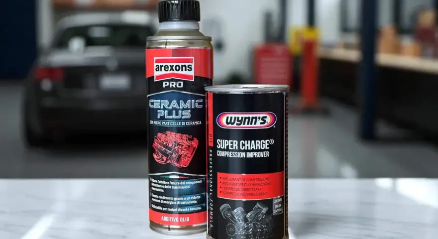 Additivi olio motore funzionano: flacone Arexons Ceramic Plus e lattina Wynn's Super Charge, per migliorare prestazioni e ridurre usura.