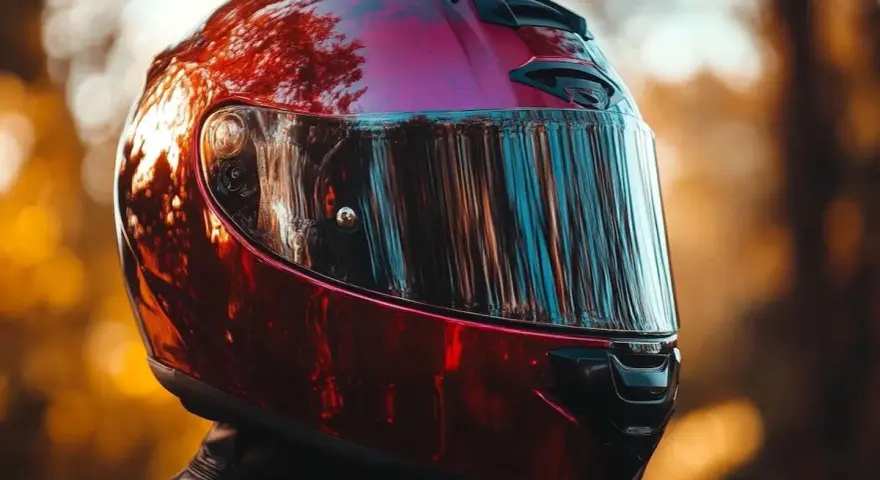 Casco da moto rosso lucido, riflessi di alberi e cielo. Non è un luogo dove si buttano i caschi da moto, ma un simbolo di avventura.