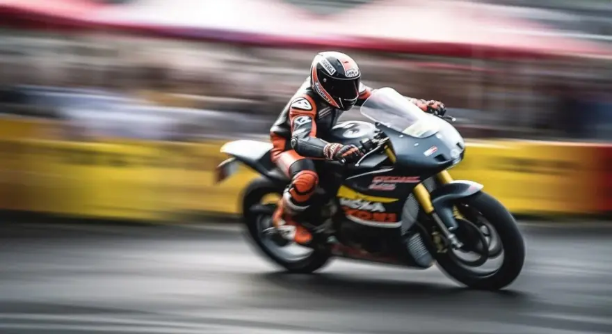 Un pilota in tuta da corsa arancione e nera sfreccia su una moto da competizione. Potrebbe essere la tuta più costosa al mondo, ma la velocità è impagabile.