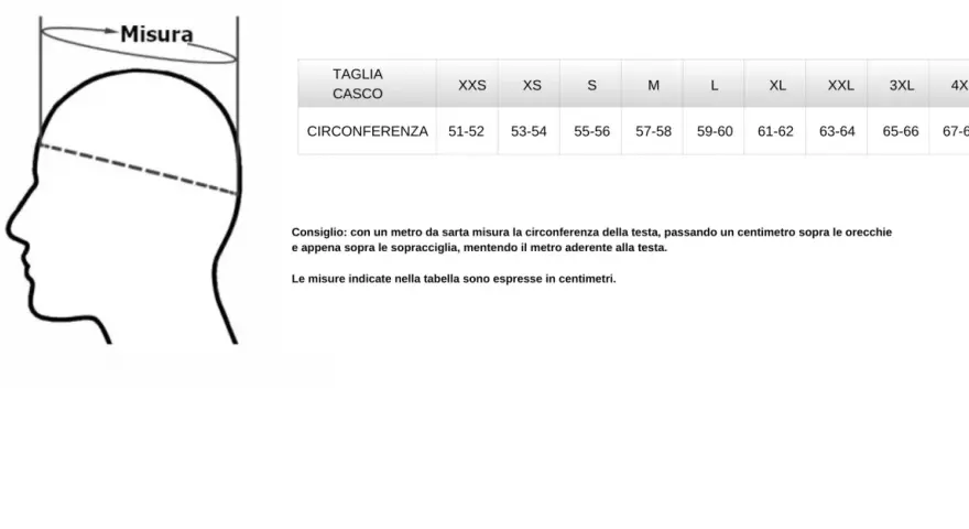 Tabella con misure casco moto e schema per la misurazione della circonferenza della testa.