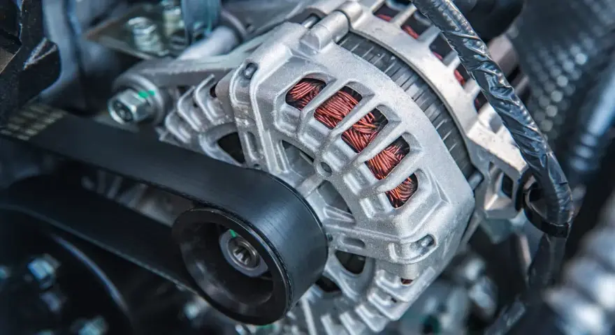 Il componente metallico argentato con fili di rame visibili è un alternatore, essenziale per generare elettricità nel motore.