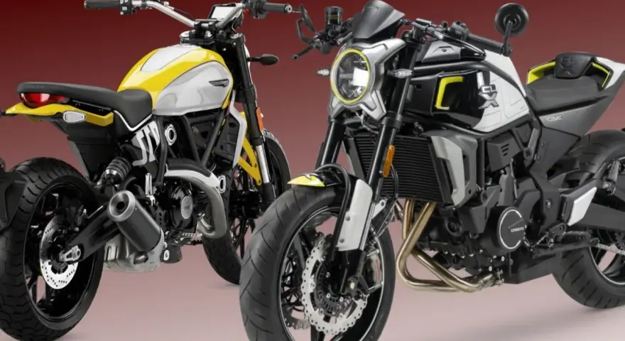 Due moto modern classic, una gialla e bianca, l'altra nera e bianca, con dettagli sportivi e un look retrò.