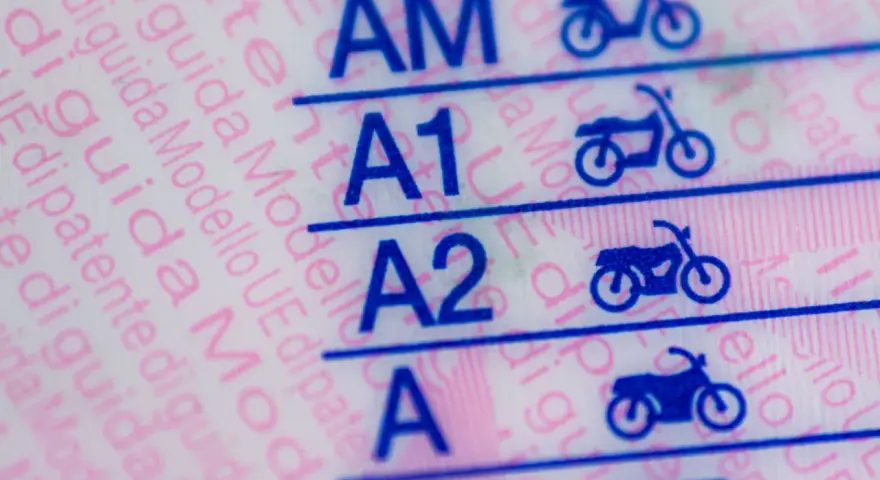 Dettagli della patente moto Italia: categorie AM, A1, A2, A con icone di moto.