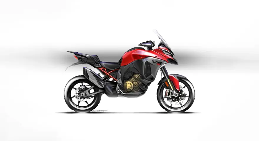 Red Ducati Multistrada V4 motorcycle with a white background.