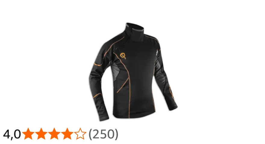 Maglia termica nera con cuciture arancioni. Scopri come funziona per mantenerti al caldo.