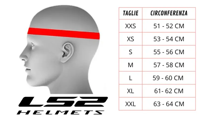 Tabella misure casco LS2: circonferenza testa da 51 a 64 cm, dalle taglie XXS a XXL.
