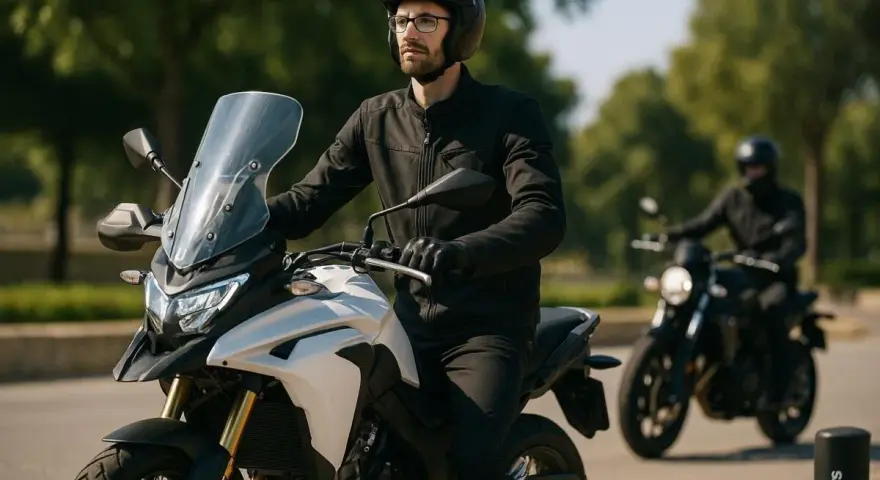 Uomo alto 1.90 in sella a una moto da turismo bianca, con un altro motociclista sullo sfondo.