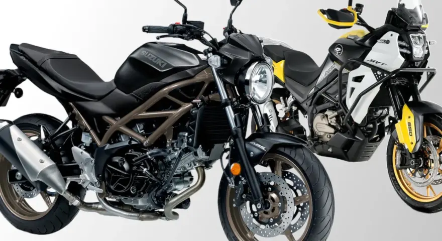 Due moto bicilindriche affiancate: una Suzuki SV nera e una moto da avventura gialla e bianca.
