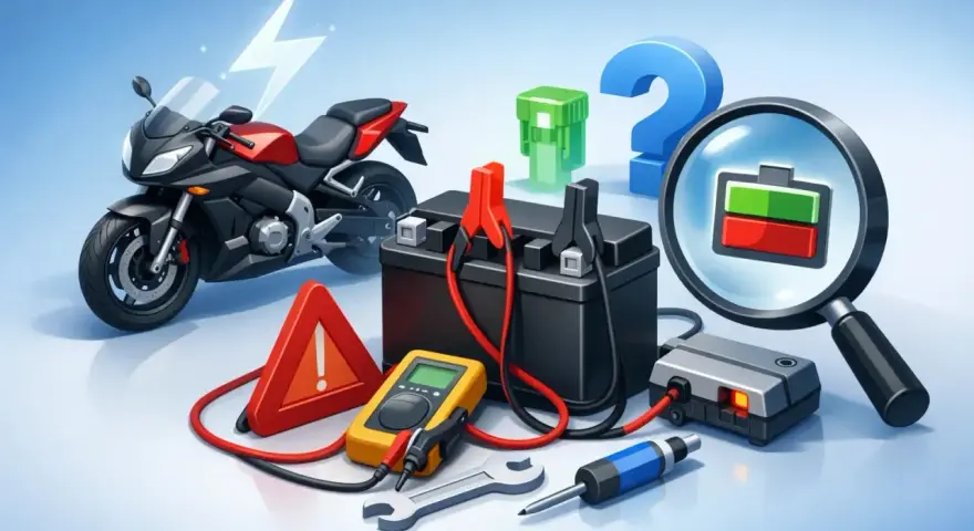 Moto non parte? Batteria scarica, fusibile bruciato, o problema elettrico? Strumenti e un punto interrogativo per capire cosa non va.