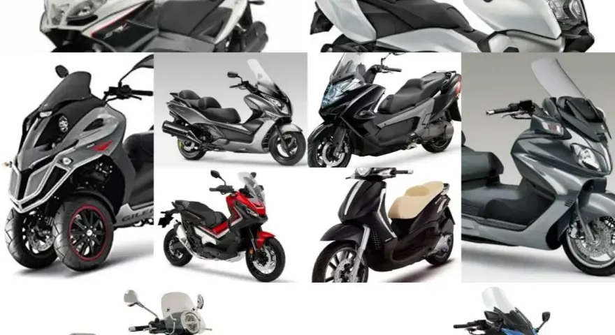 Varietà di scooter per viaggiare, dai modelli a tre ruote ai classici scooter, in diverse colorazioni e design.