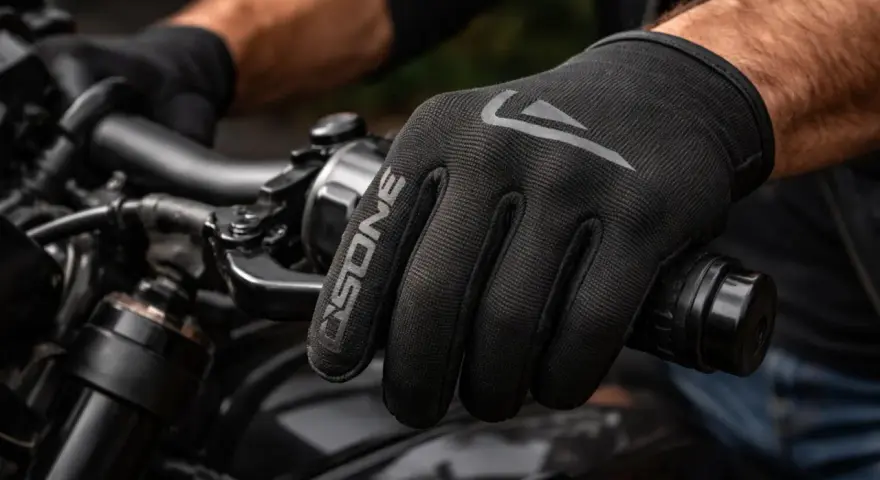 Mano con guanto da moto nero, logo "ONE" in evidenza. Scopri come lavare guanti moto per mantenerli al meglio.