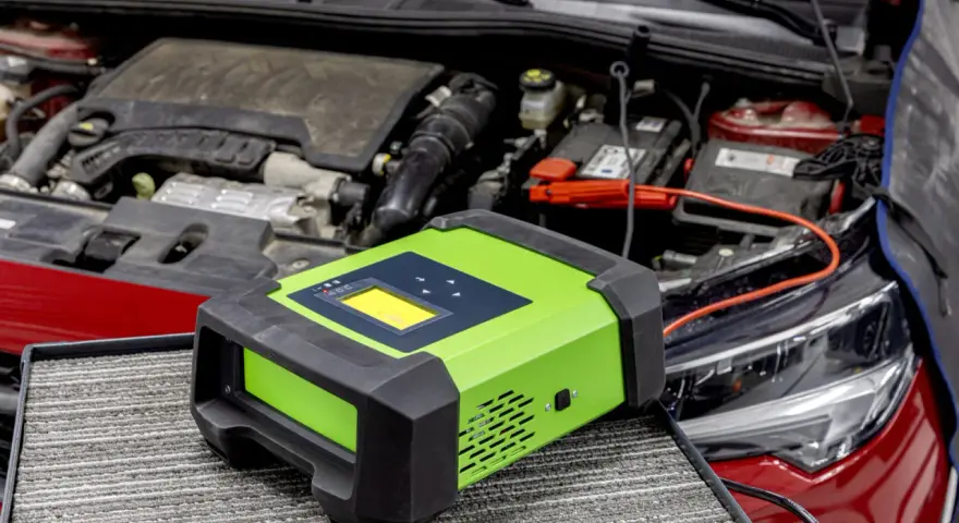 Carrozzeria auto con cofano aperto, batteria e caricabatterie verde. Se la tua batteria a terra cosa fare, questo dispositivo potrebbe aiutarti.