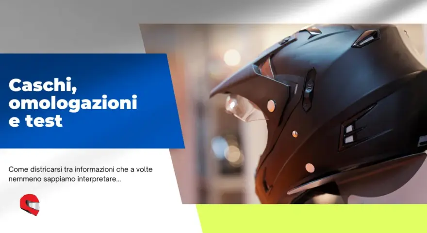 Casco da moto nero, con testo "Caschi, omologazioni e test". Guida ai test di sicurezza per caschi moto.