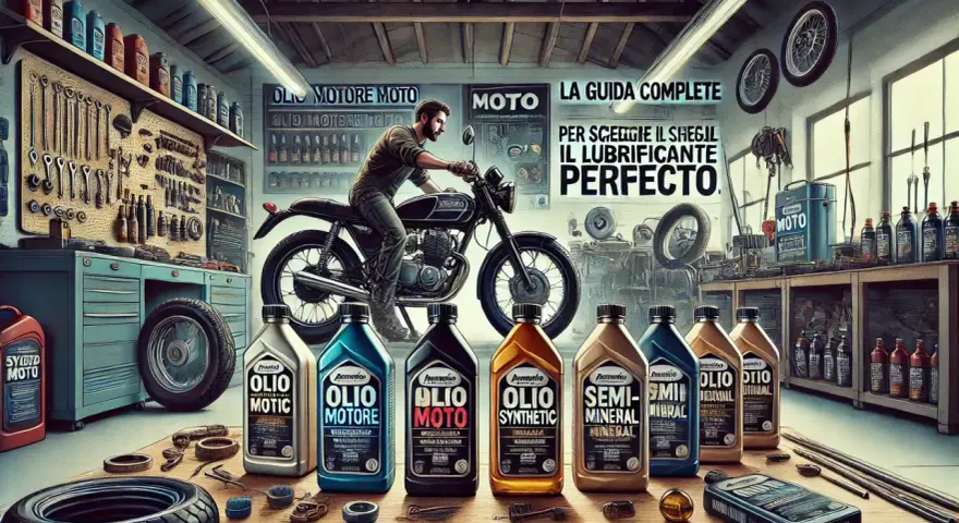 Officina con moto, attrezzi e una fila di oli motore, tra cui olio sintetico, per scegliere il lubrificante perfetto.