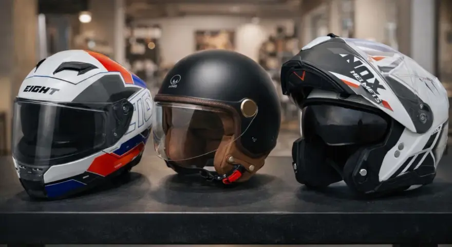 Tre caschi moto: uno sportivo bianco/rosso/blu, uno jet nero vintage e uno modulare bianco/nero. Tutti con omologazione casco E3.