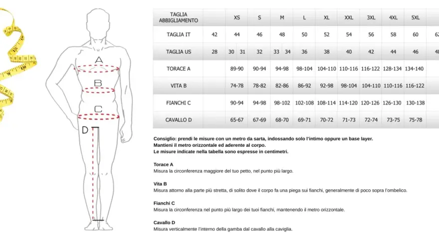 Tabella misure uomo: torace, vita, fianchi e cavallo per scegliere la taglia giusta. Le dimensioni moto sono indicate in centimetri.