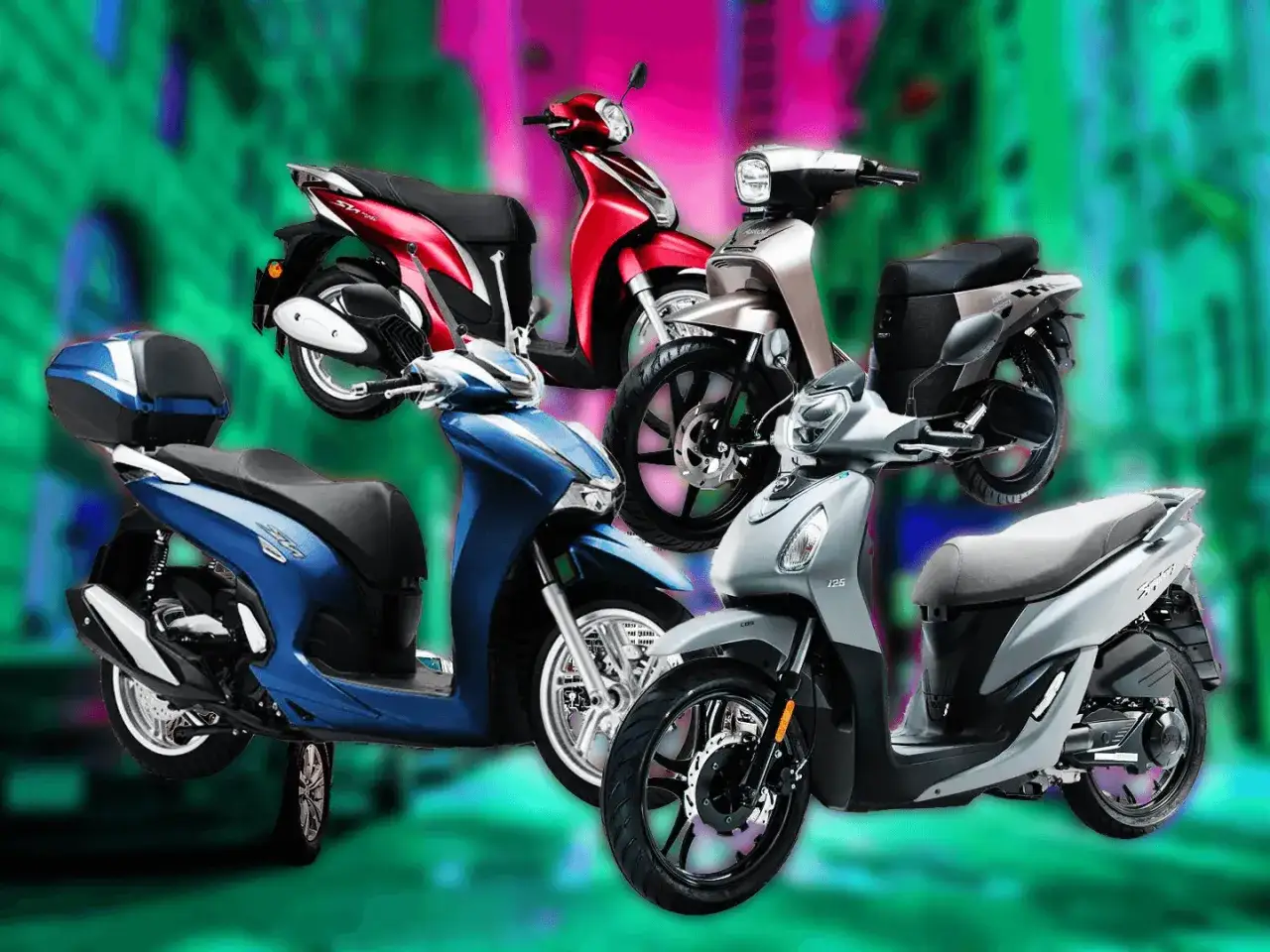 Vari colori di scooter per viaggiare, pronti per l'avventura urbana.