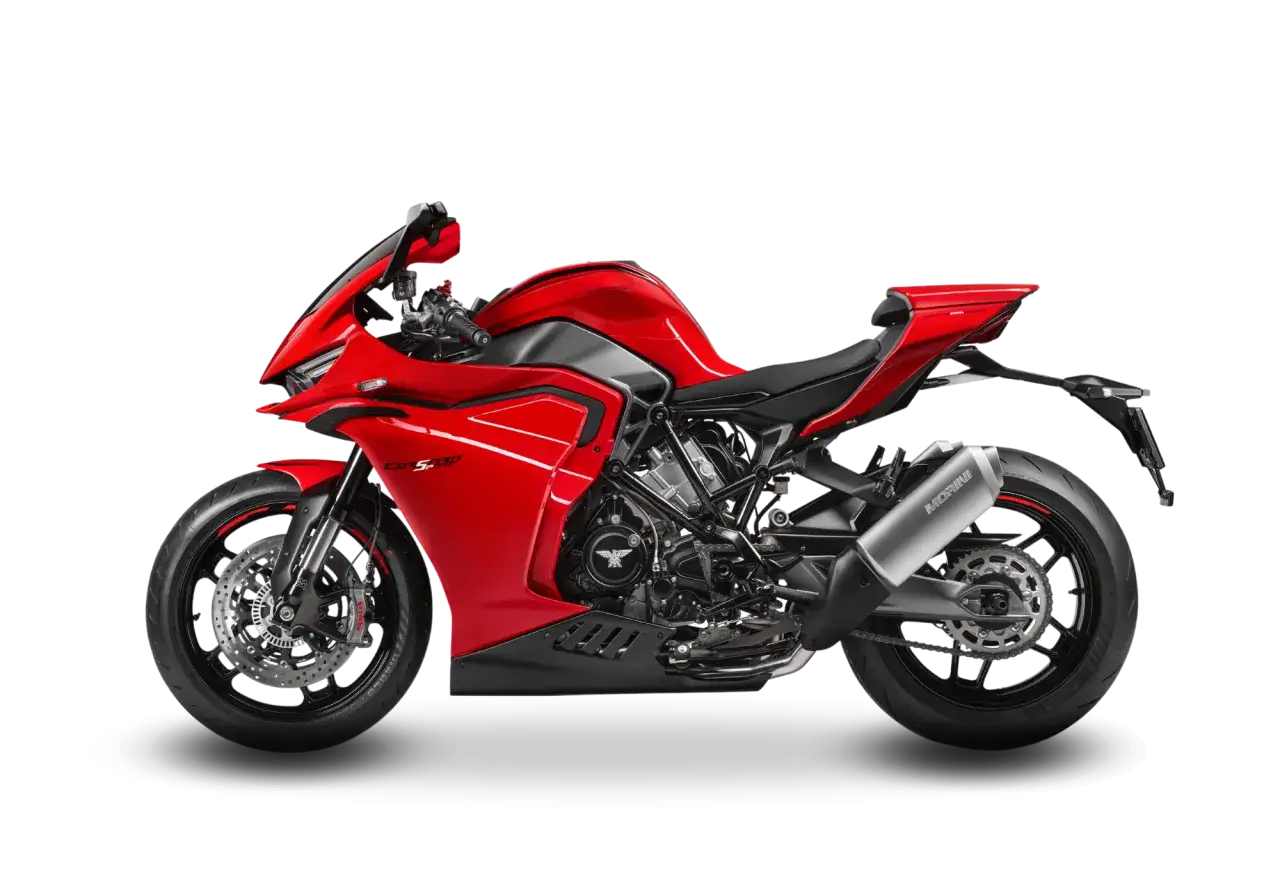 La Morini Corsaro Sport rossa, una moto sportiva aggressiva con motore a vista e scarico cromato, pronta per la strada.