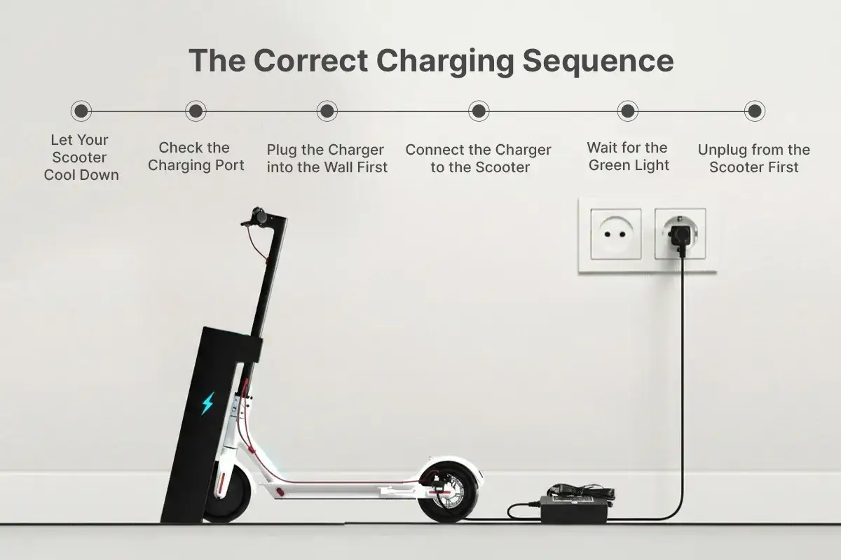 Sequenza corretta per caricare batteria scooter: raffreddare, controllare porta, collegare caricatore al muro, poi allo scooter, attendere luce verde, staccare dallo scooter.