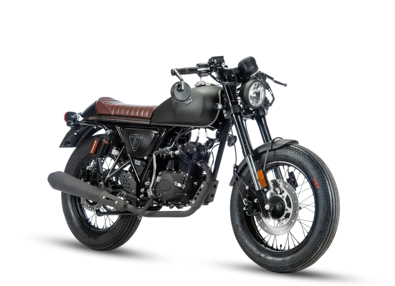 Moto cafe racer nera con sella marrone, un classico intramontabile per veri appassionati.