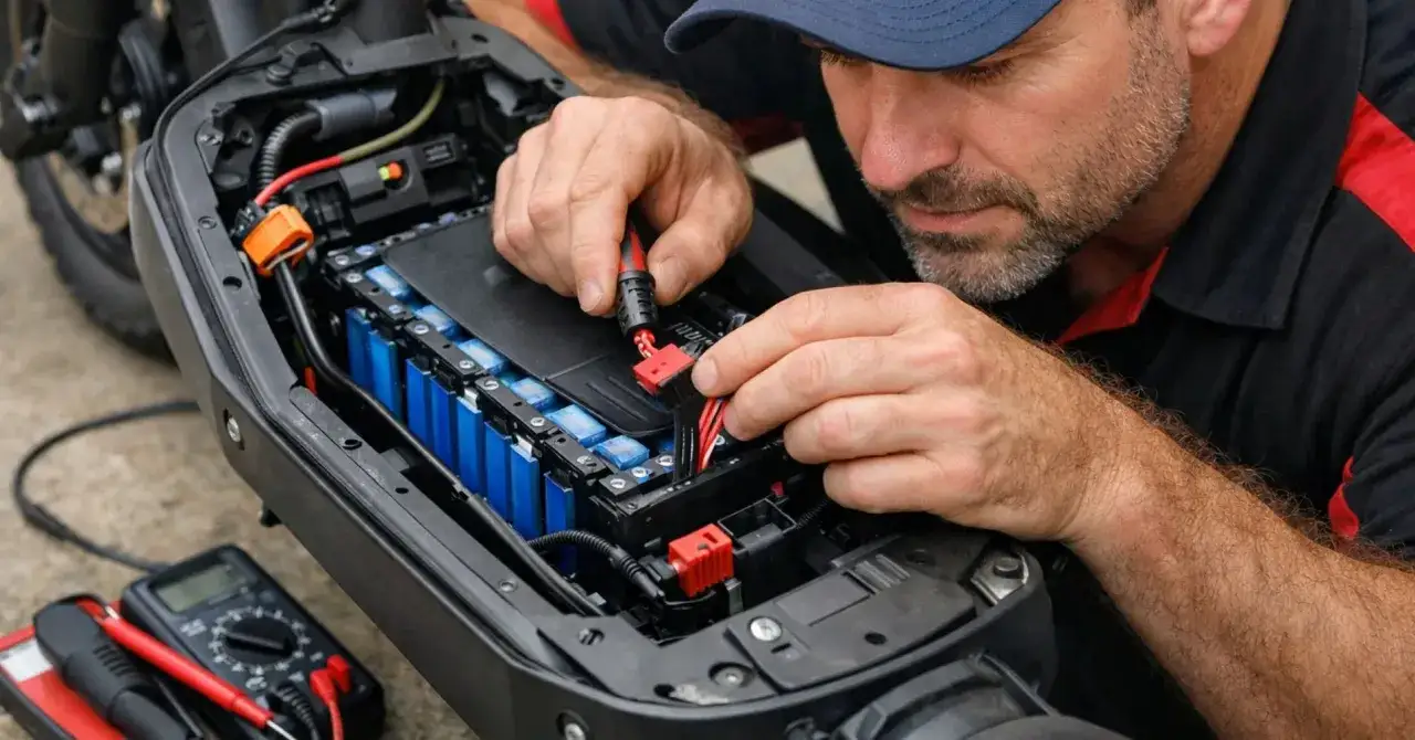 Un tecnico collega i cavi per caricare la batteria dello scooter elettrico, con un multimetro sullo sfondo.