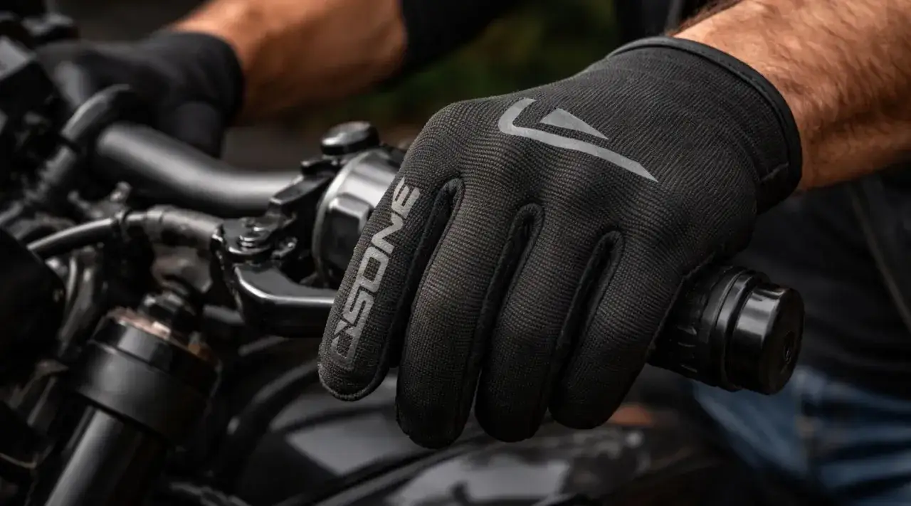 Mano con guanto da moto nero, logo grigio. Scopri come lavare guanti moto per mantenerli al meglio.