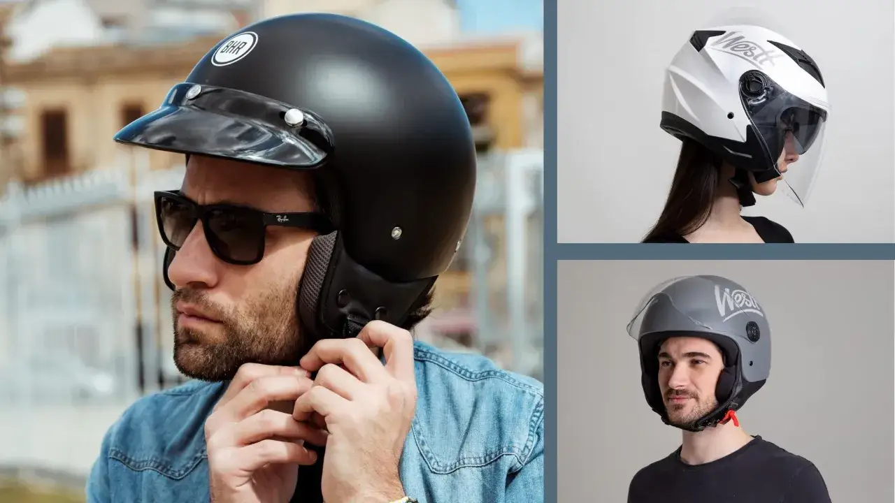 Uomo con casco jet nero e occhiali da sole, confronto con caschi demi-jet bianchi e grigi.