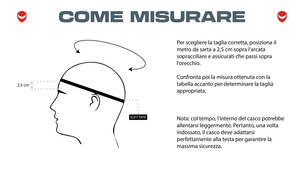 Guida per misurare la testa: posiziona il metro a 2,5 cm sopra le sopracciglia. Confronta la misura per trovare la taglia giusta, come la taglia S misura.