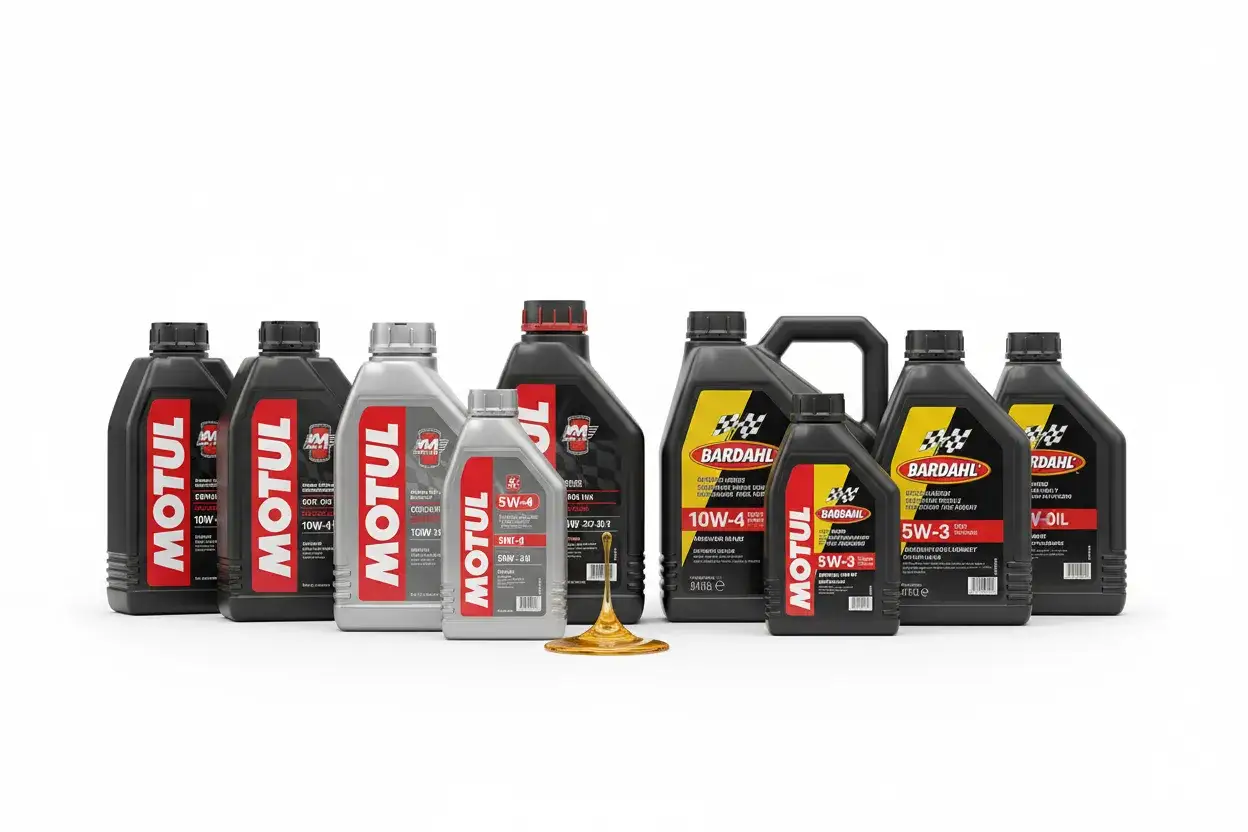 Una selezione di flaconi di olio motore Motul e Bardahl, che illustrano la differenza tra olio sintetico e minerale.