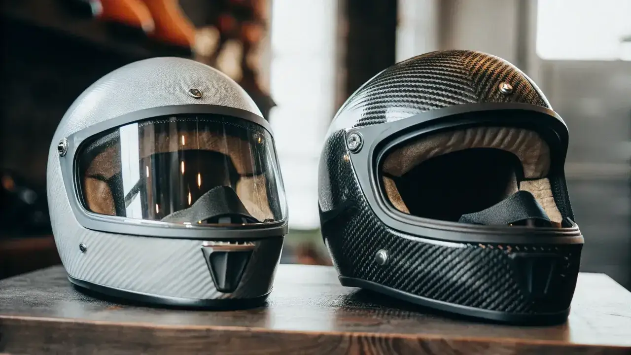 Due caschi integrali, uno grigio e uno nero con trama in fibra di carbonio, entrambi con visiera trasparente. La finitura in abs o policarbonato dona un look moderno.