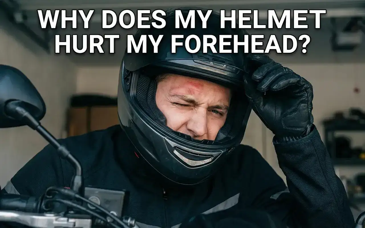 Motociclista con un casco stretto che gli provoca mal di testa, con un segno rosso sulla fronte.