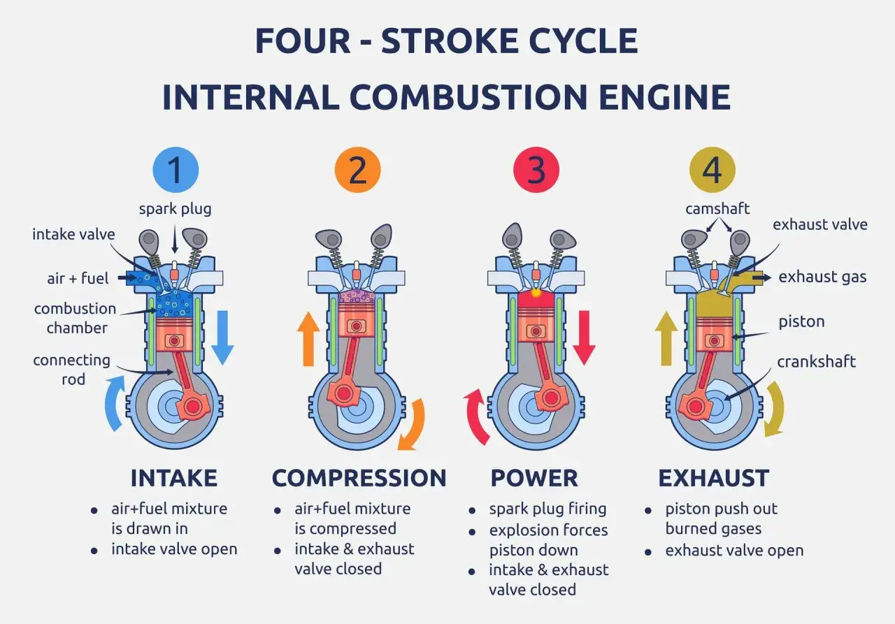 Schema del motore 4 tempi: aspirazione, compressione, combustione e scarico. Illustra il ciclo di funzionamento di un motore a combustione interna.