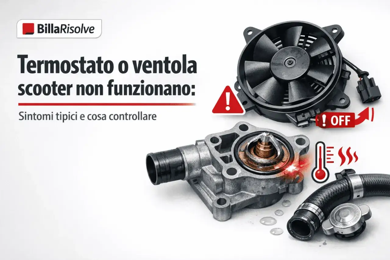 Componenti scooter: termostato e ventola. Attenzione a temperatura eccessiva liquido radiatore, ventola spenta.