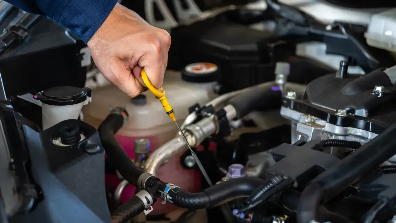 Mano che controlla i liquidi motore con l'astina dell'olio. Manutenzione auto.