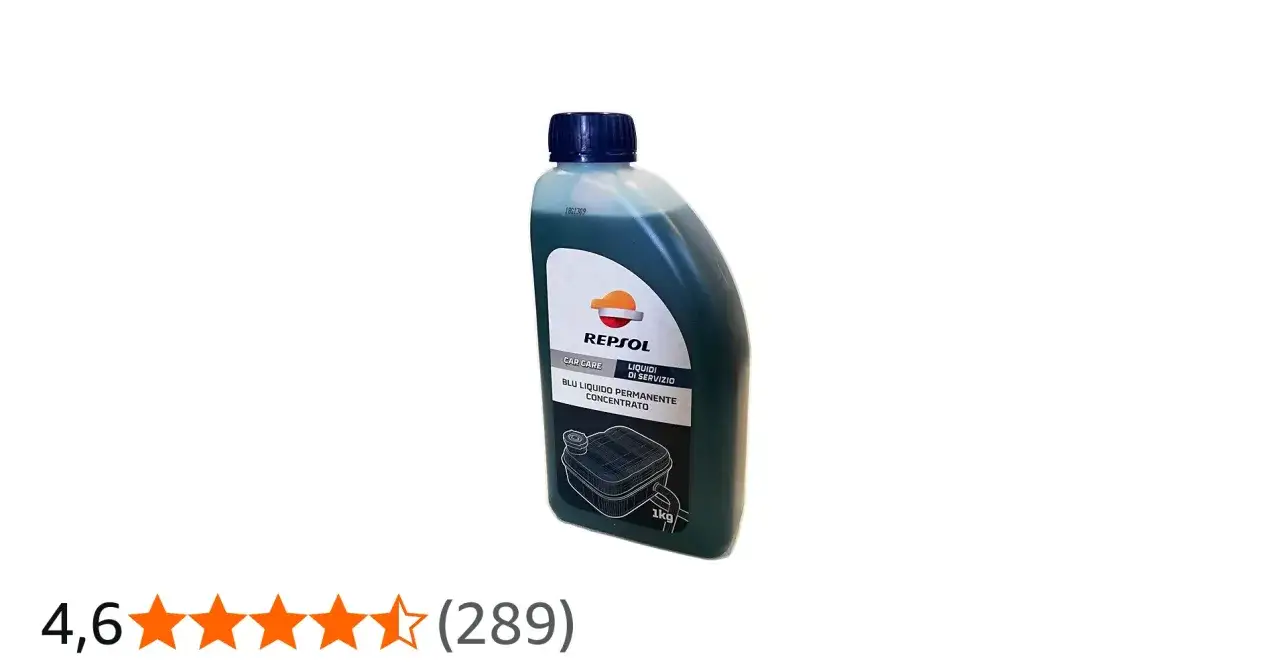 Bottiglia di liquido radiatore Repsol blu concentrato, da usare puro o diluito per la cura dell'auto.