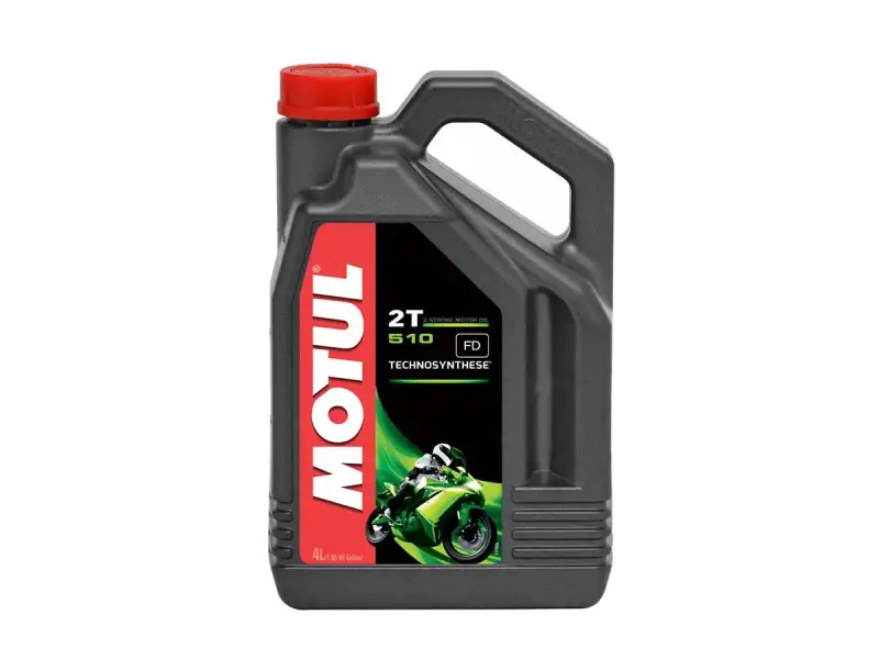 Contenitore di olio semisintetico Motul 2T 510 Technosynthese, con immagine di una moto sportiva verde.